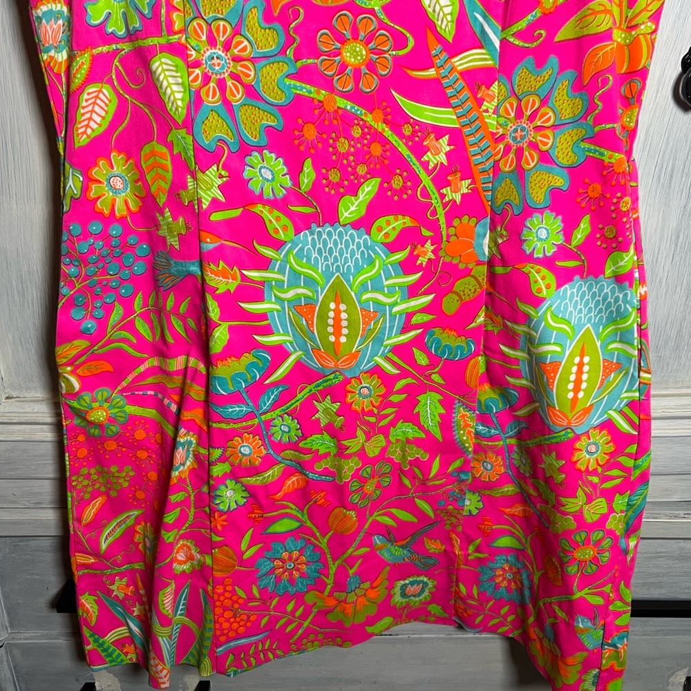 Gretchen Scott Button Back Dress Bright Pink Hummingbird Heaven Floral Preppy - Picture 6 of 11
